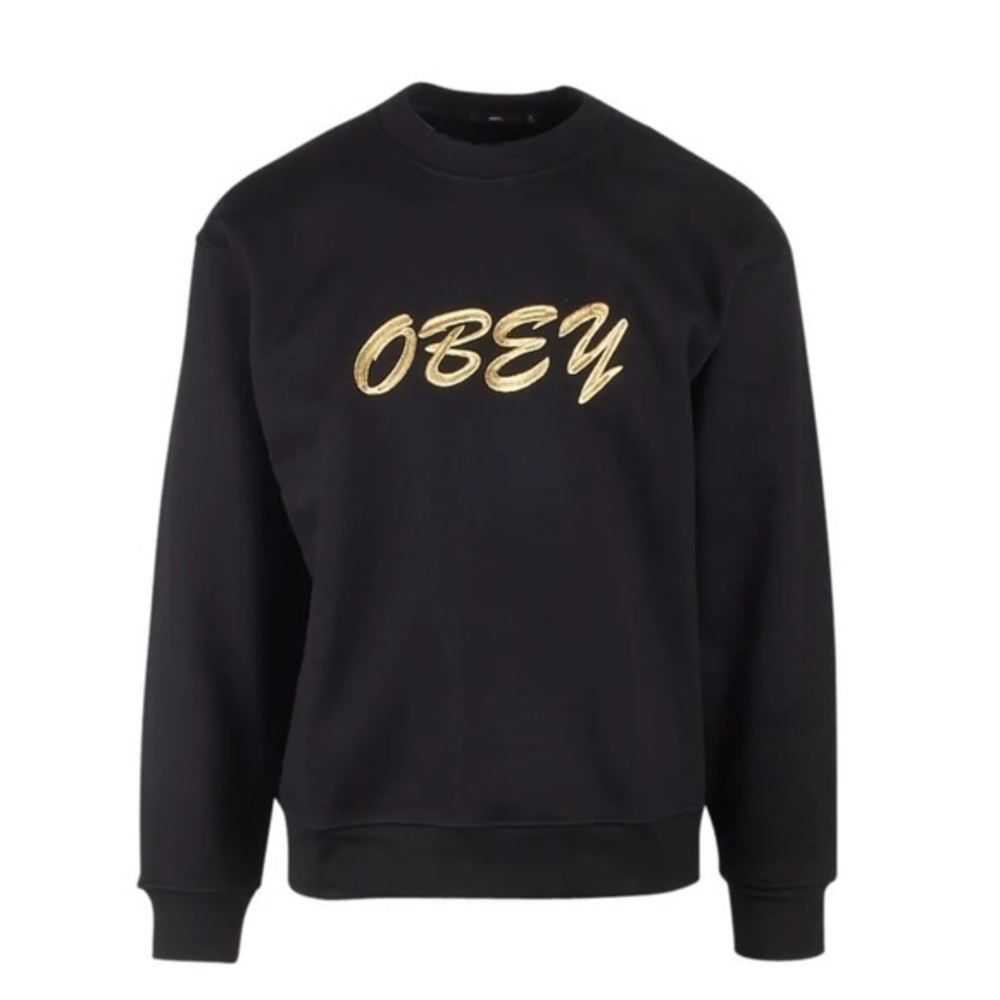 OBEY EMBROIDERED GOLD THREAD BLACK CREW NECK OVERSIZED GRAPHIC SWEATSHIRT M